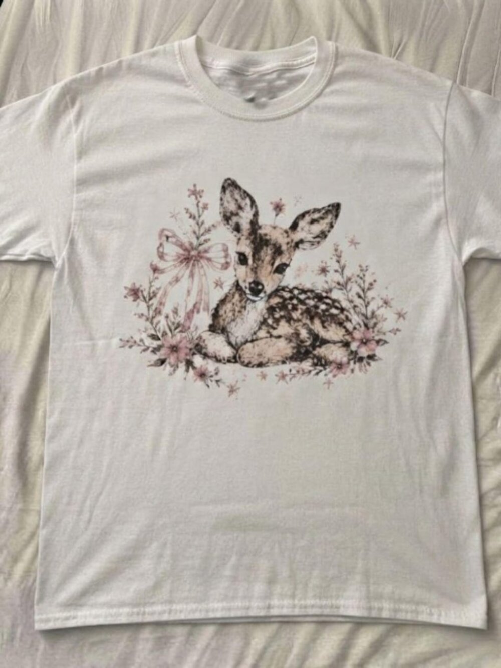 Vintage Coquette Floral Deer Fawn Graphic Tee White Shirt